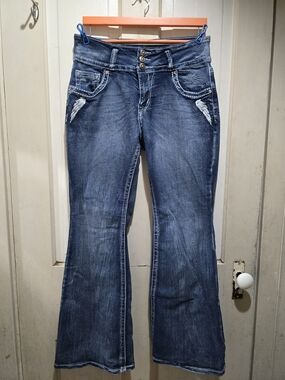 Sky Dark Blue Flare Jeans with Distressed Pocket Detail